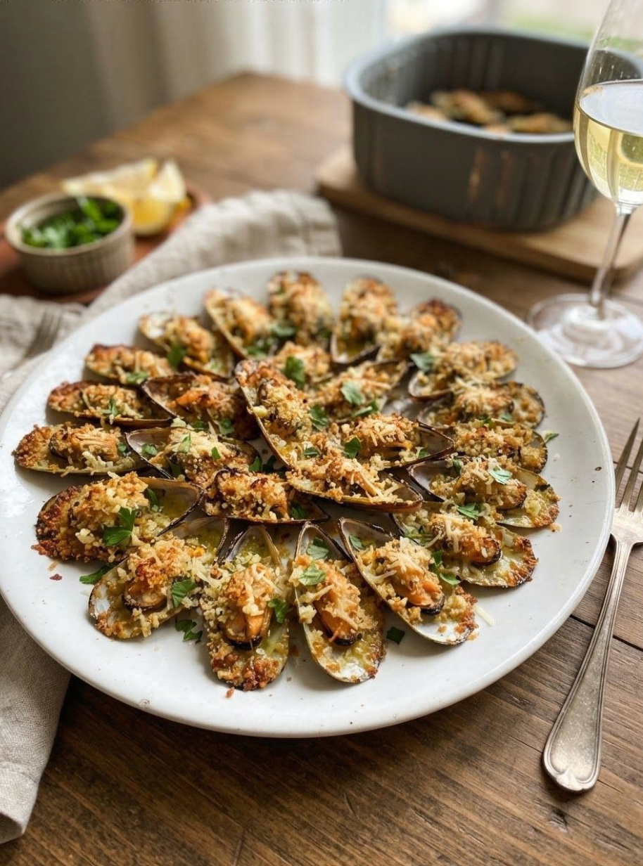 Moules gratinées, une des 40 recettes de l'eBook airfryer CrispiCraft